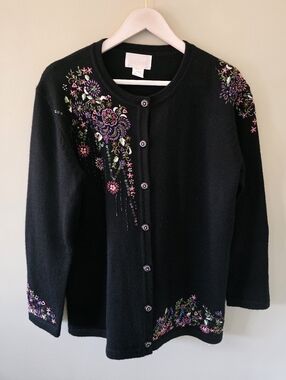 Red Coral L Vintage 90s Artisan Grandmacore Cottagecore Embroidered Cardigan